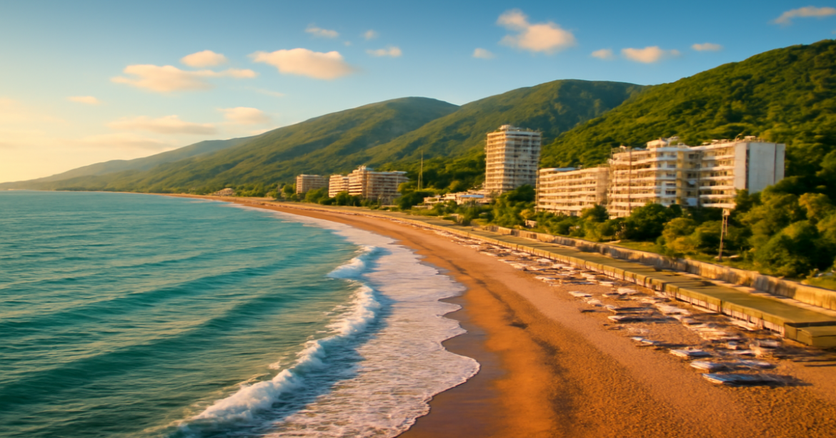 Stunning view of курорты Черного моря showcasing beaches, mountains, and luxury resorts.