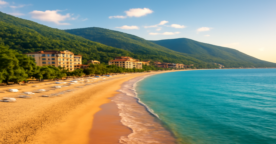 Explore the stunning курорты Черного моря with beautiful beaches and mountains in this inspiring travel image.