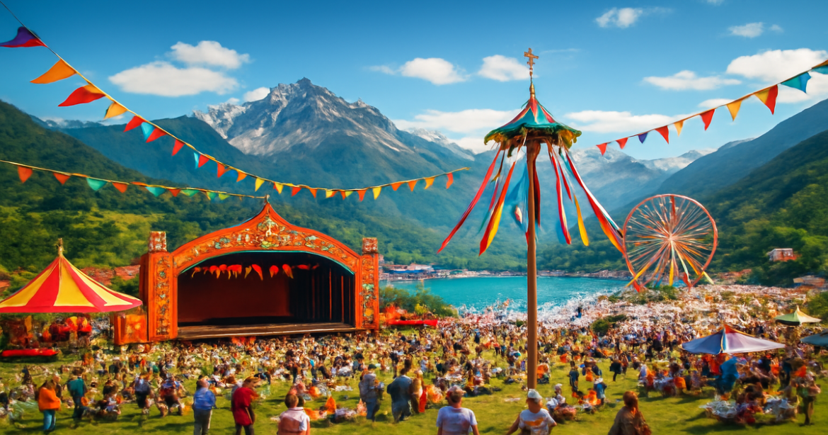 Vibrant landscape capturing летние фестивали России with festivals, beaches, and mountains in summer 2026.