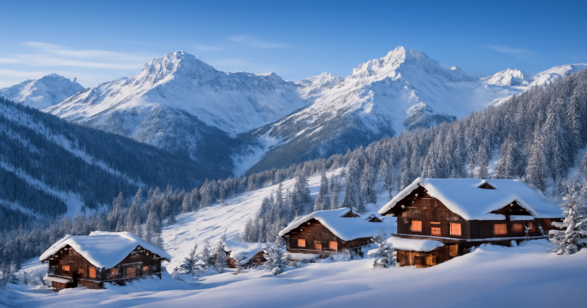 Stunning view of горнолыжные курорты России with snow-capped mountains and cozy chalets.