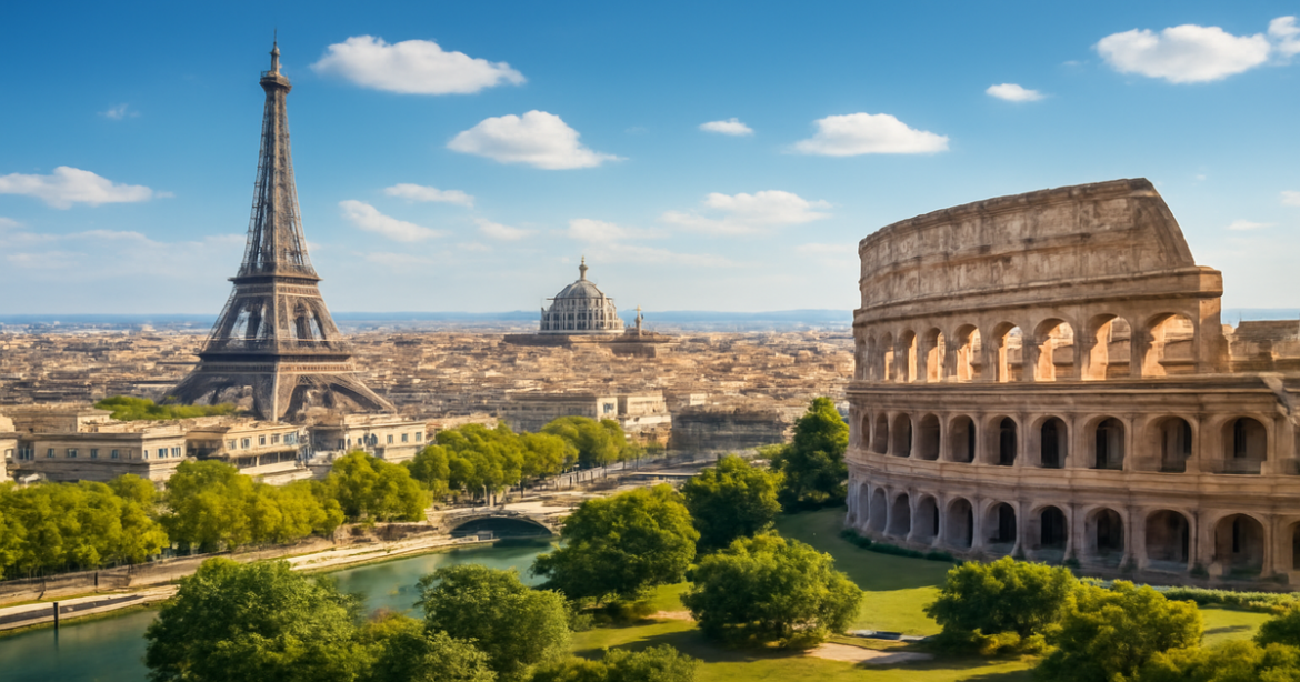 Stunning view of top cities in Europe, showcasing landmarks for vacation inspiration.