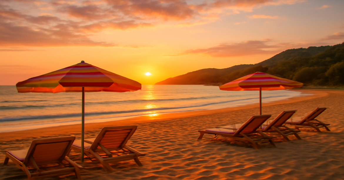 Stunning beach scene for выходные в России, showcasing a perfect sunset retreat.