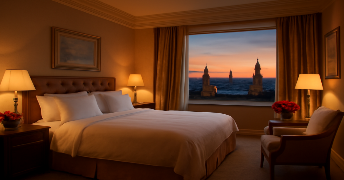 Luxurious hotel room for романтический отдых в Москве with stunning skyline views and elegant decor.