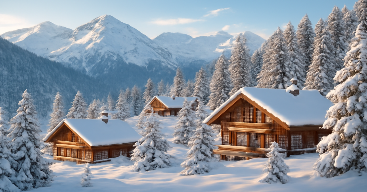 Stunning winter landscape of зимние курорты России with snow-capped mountains and cozy chalets.