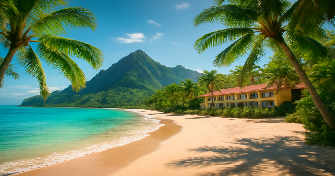 Explore budgetные направления для путешествий with this beautiful beach and mountain landscape.