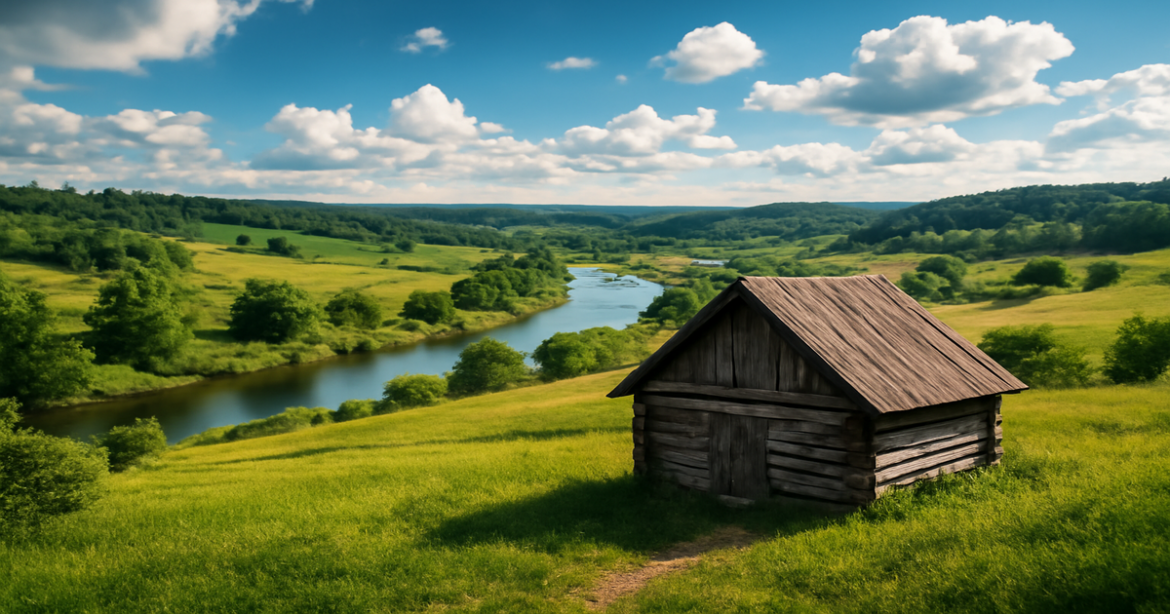 A beautiful landscape for a бюджетная поездка по России, featuring hills, rivers, and a rustic cabin.