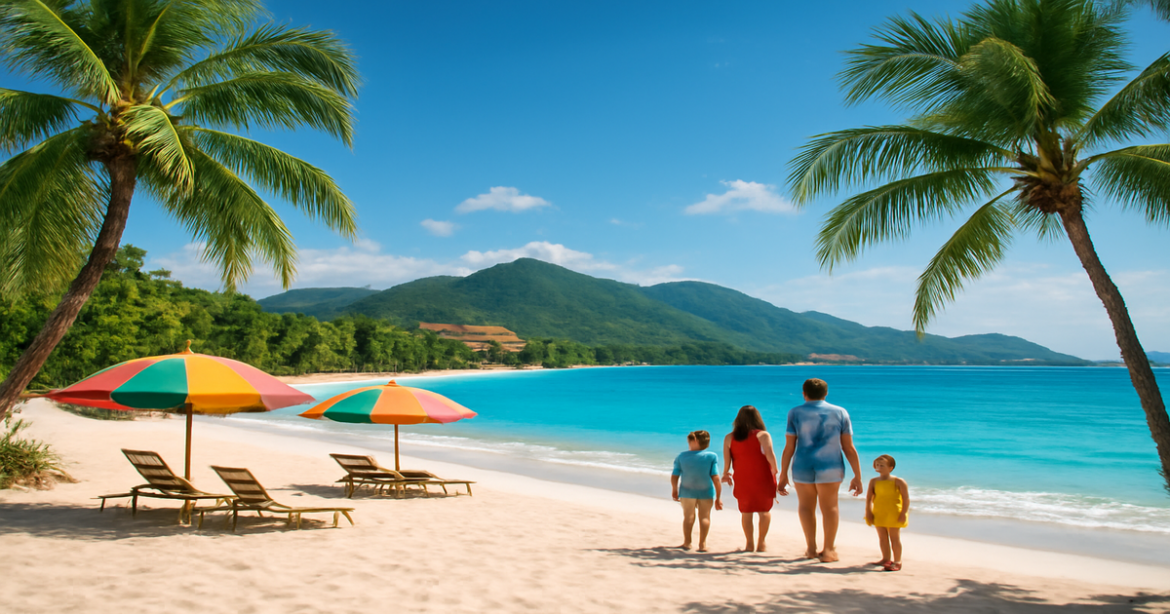 Beautiful beach scene perfect for отпуск с детьми, showcasing family-friendly travel destinations.