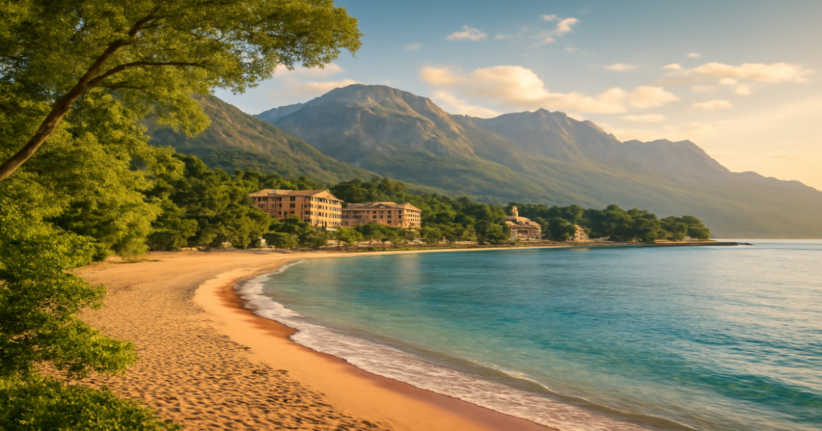Stunning landscape depicting отпуск в Европе with beaches and mountains, ideal for travel inspiration.