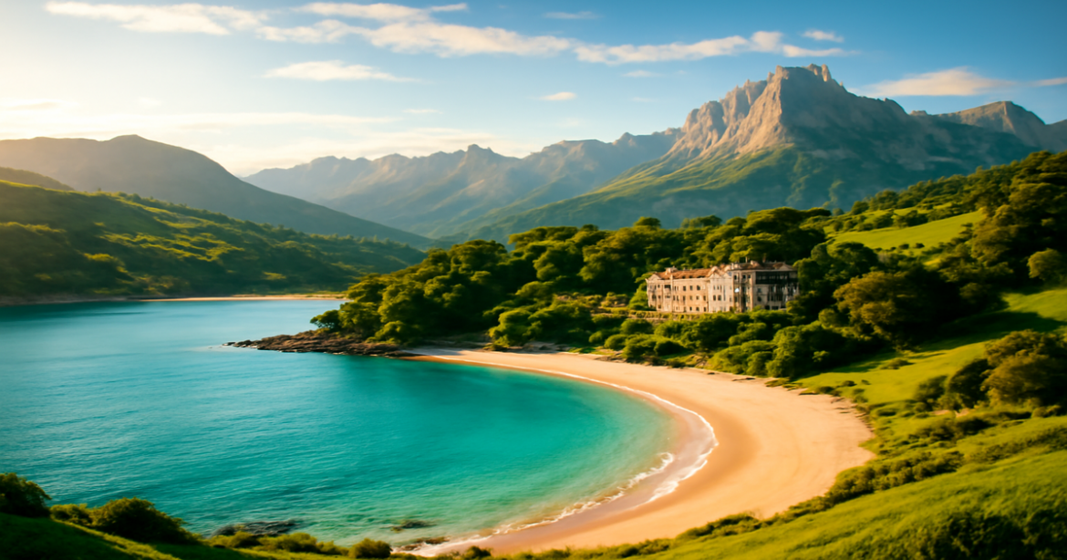 Stunning landscape for отпуск в Европе featuring beaches and mountains in vibrant colors.