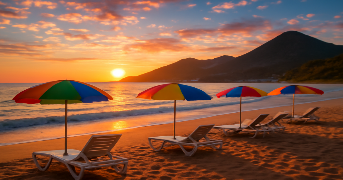 Stunning sunset beach scene representing отпуск в России with mountains and relaxing ambiance.