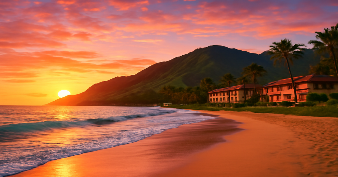Stunning beach sunset scene, ideal for отпуск для одиночных путешественников.