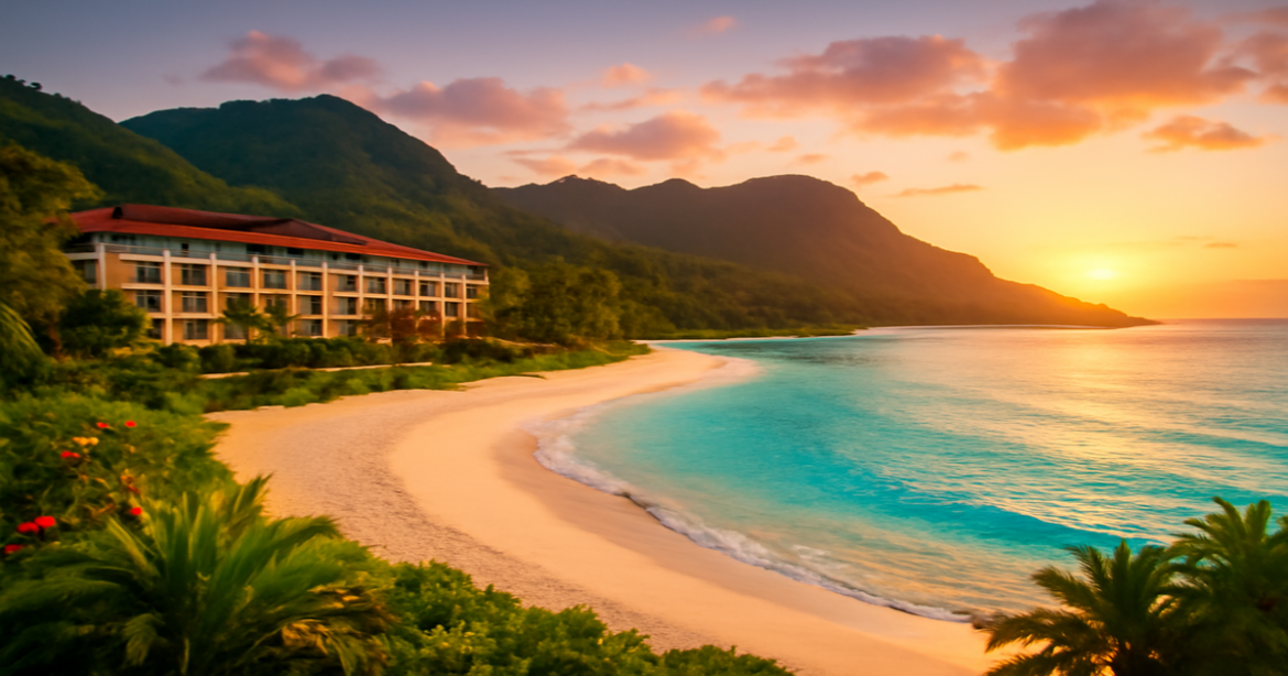 Stunning beach and mountains for a perfect семейное путешествие, showcasing family-friendly travel destinations.
