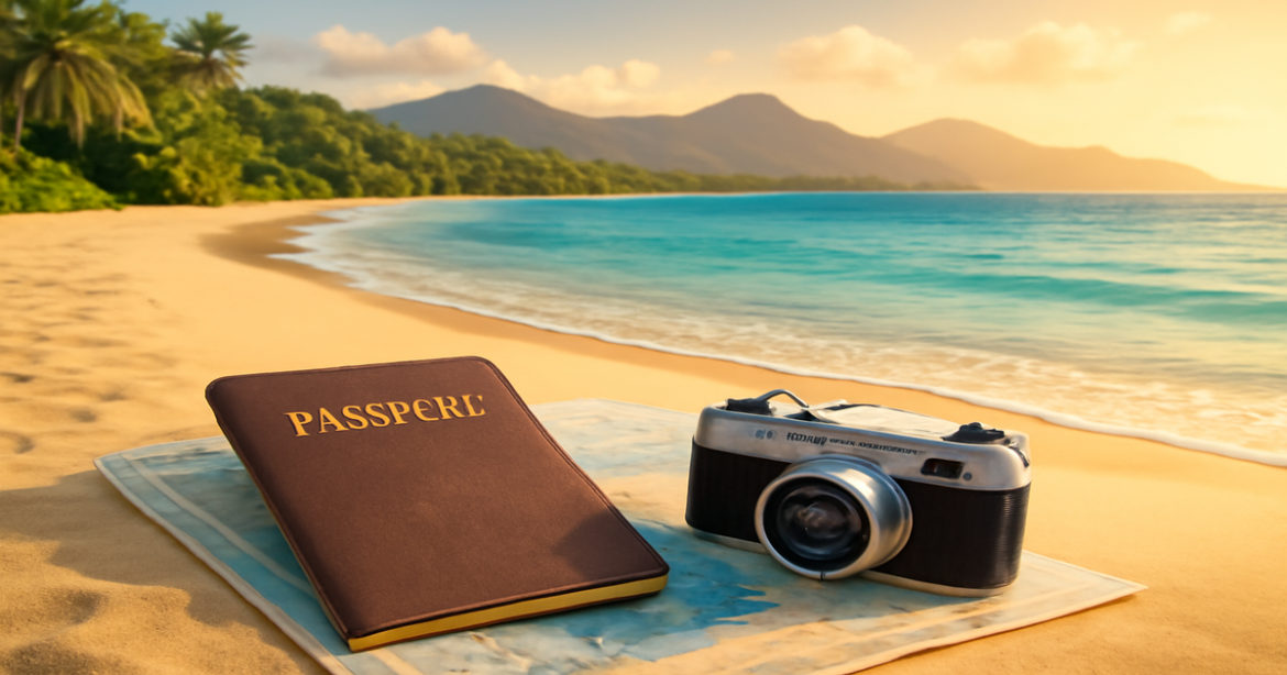 Inspiring travel scene for подготовка к поездке за границу, featuring a beautiful beach and travel essentials.
