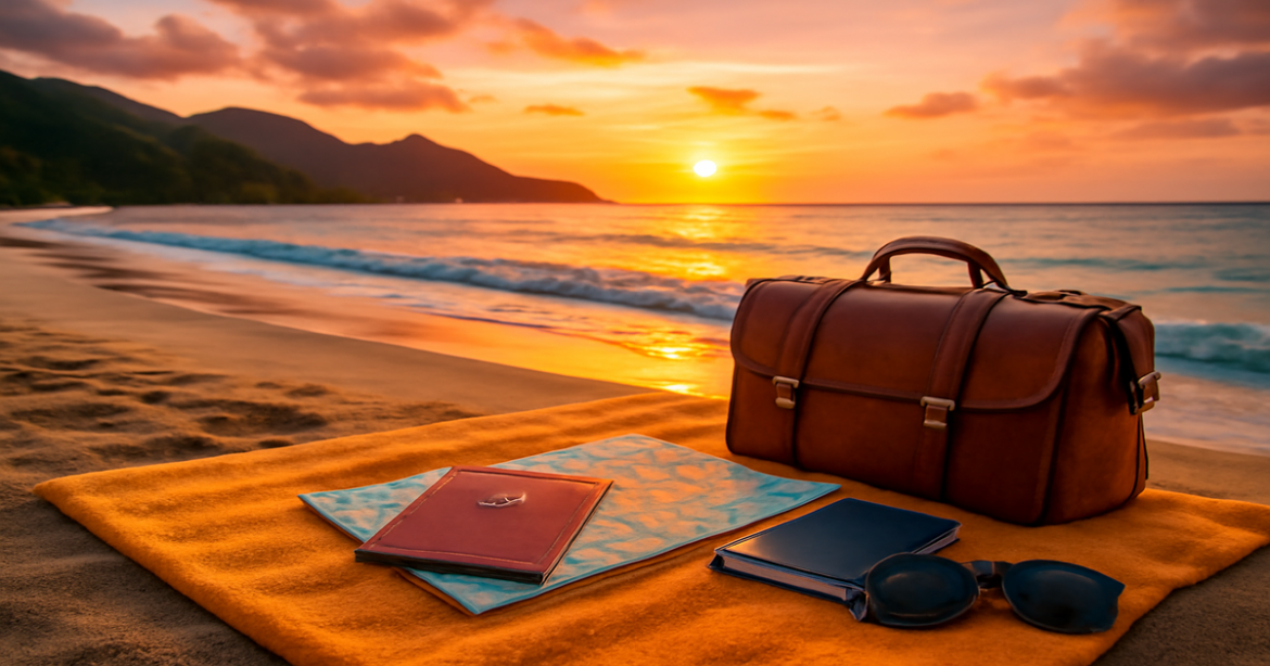 Beautiful beach sunset scene symbolizing подготовка к поездке за границу with travel essentials in view.
