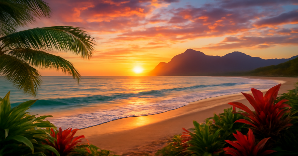 Stunning beach sunset scene inspiring самостоятельные путешествия with vibrant landscapes and adventure.