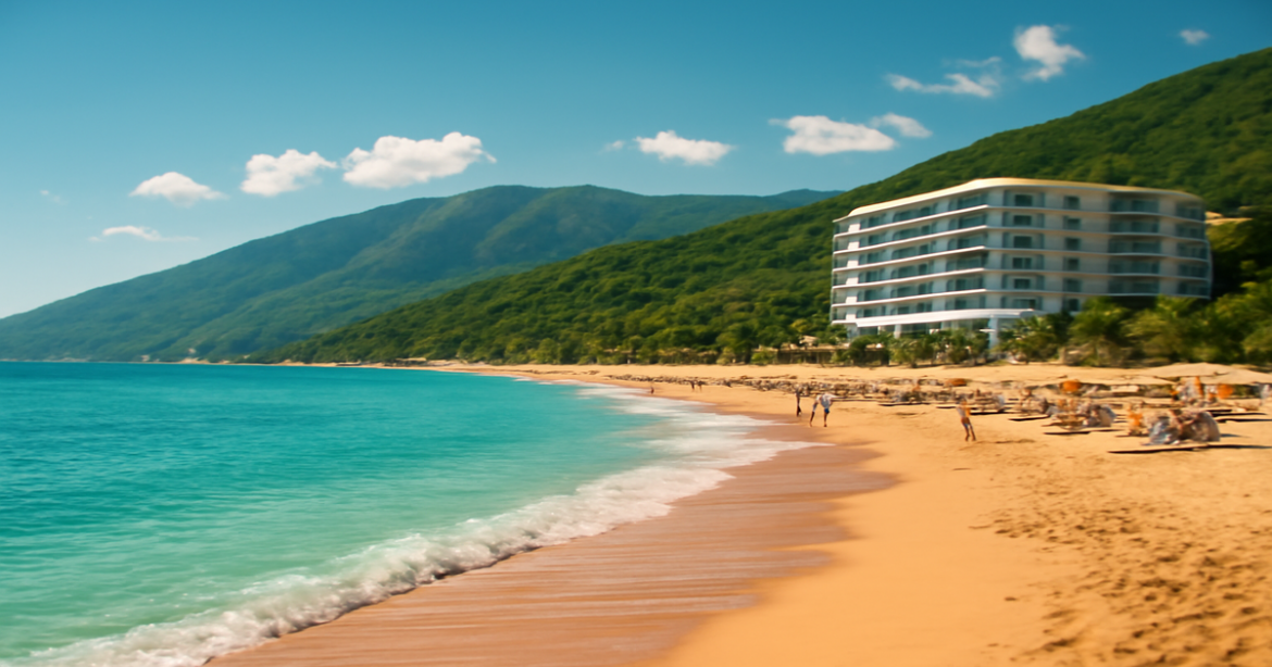 Beautiful курорты Черного моря with beaches, mountains, and luxury hotels, perfect for a summer vacation.