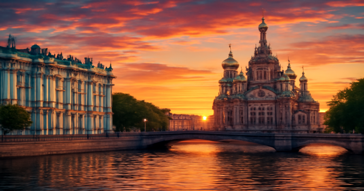 Stunning view of Санкт-Петербург with iconic architecture and sunset reflections on the Neva River.