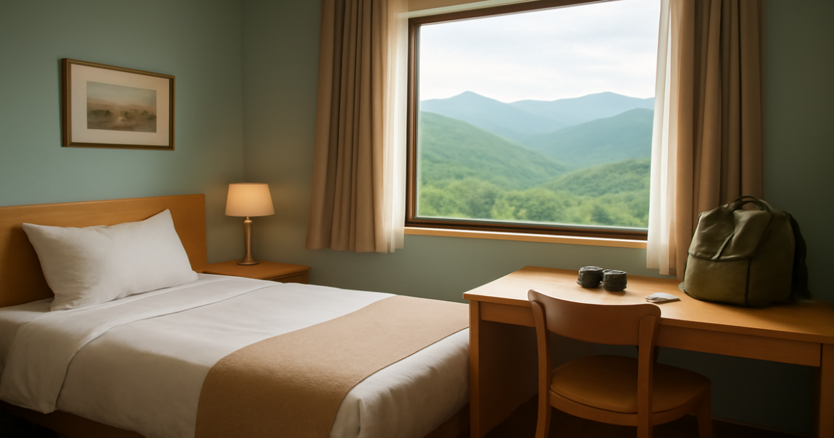 A cozy hotel room for solo travelers, perfect for unique adventures and budget-friendly stays.