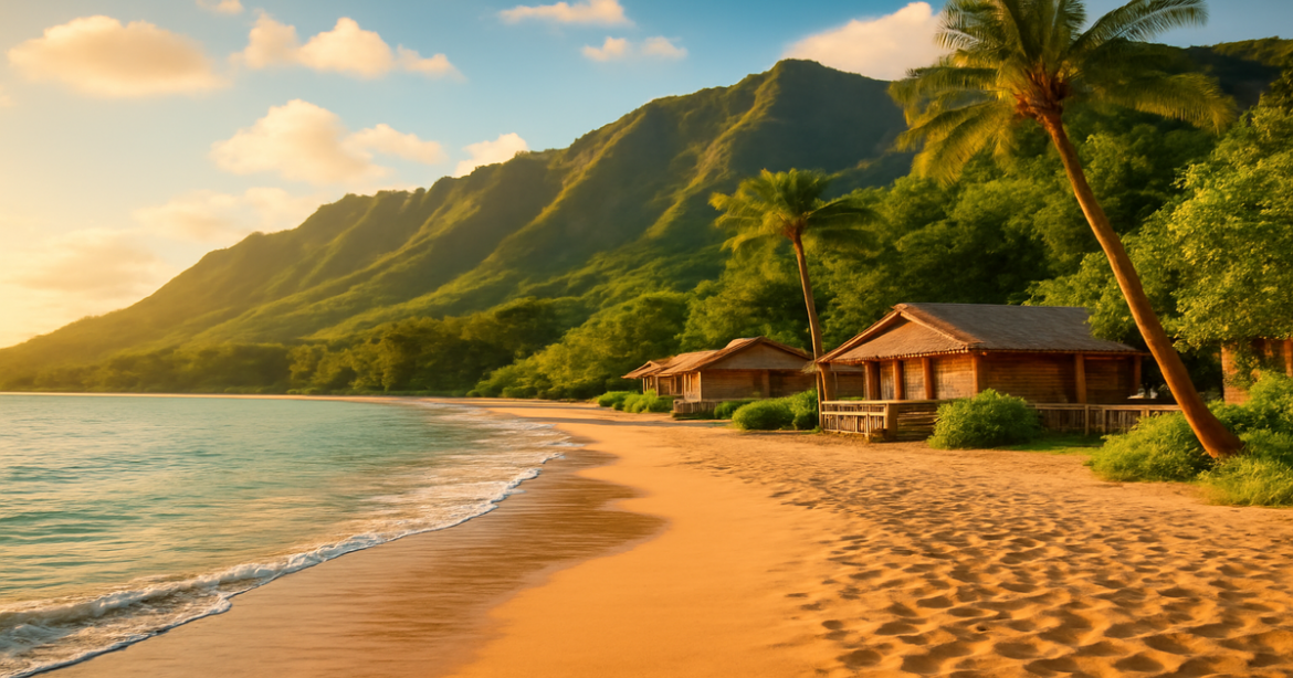 Explore budgetное путешествие with this beautiful beach and mountain landscape, perfect for inspiring affordable travel.