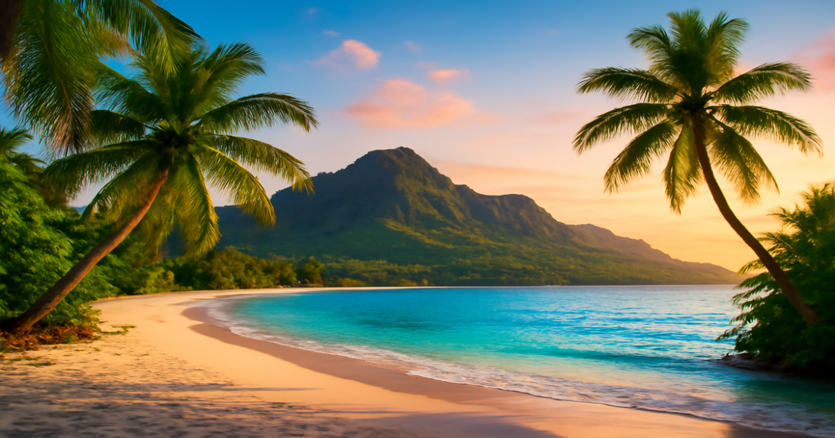 Explore budgetные путешествия with this inspiring view of a beach and mountains, perfect for your next adventure.
