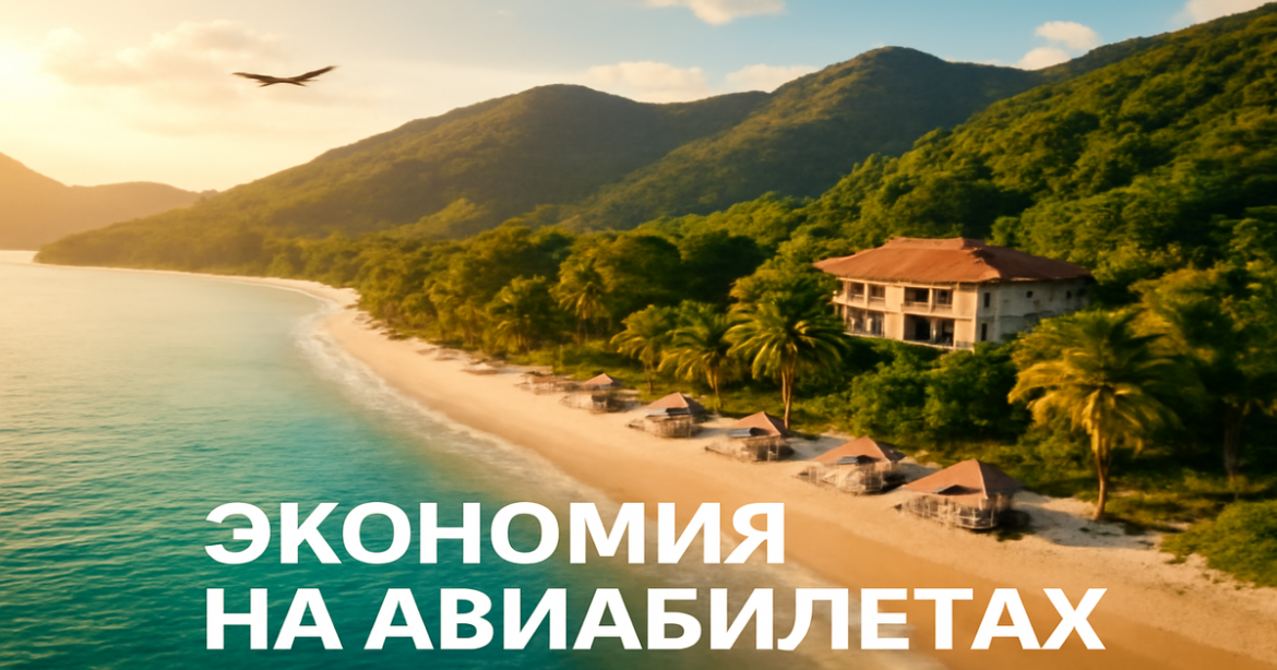 Stunning beach view illustrating экономия на авиабилетах with a cozy hotel and nature backdrop.