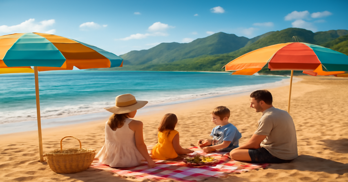 Beautiful beach scene ideal for путешествие с детьми, showcasing family-friendly vacation vibes.