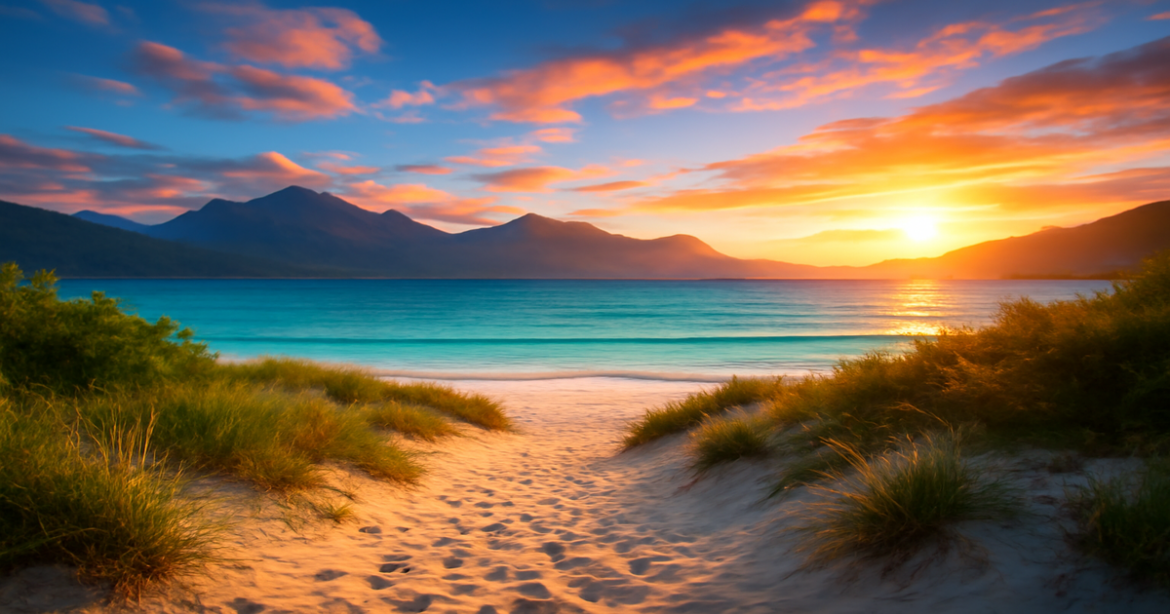 Explore the beauty of путешествие в одиночку with this stunning beach landscape at sunset.