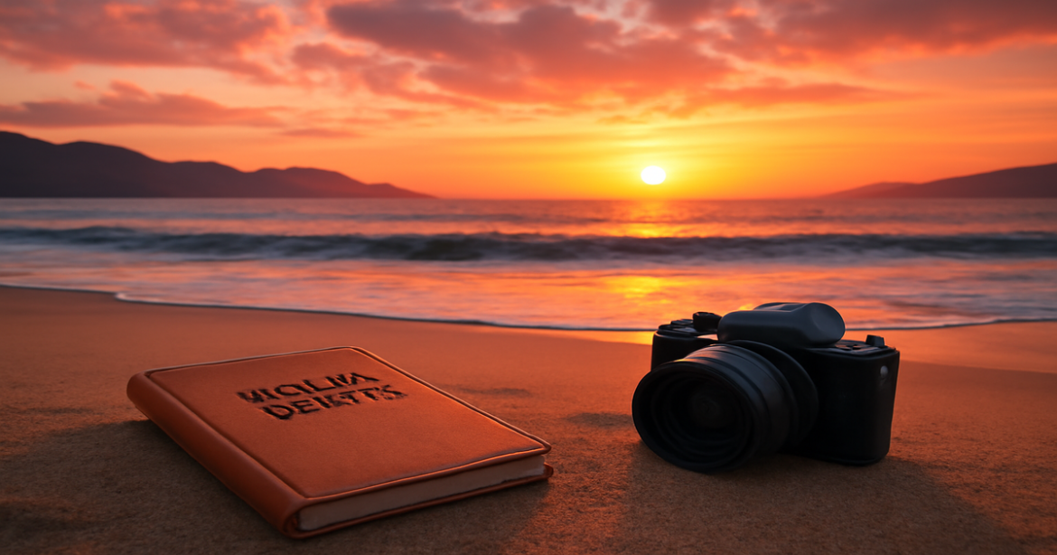 Stunning beach sunset view for solo-туризм inspiration, featuring a travel journal and camera.