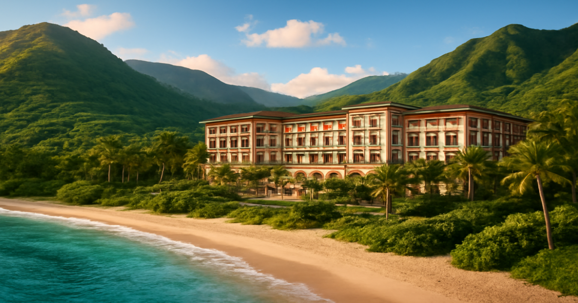 Explore the beauty of выбор отеля with this captivating image of a luxurious hotel by the beach and mountains.