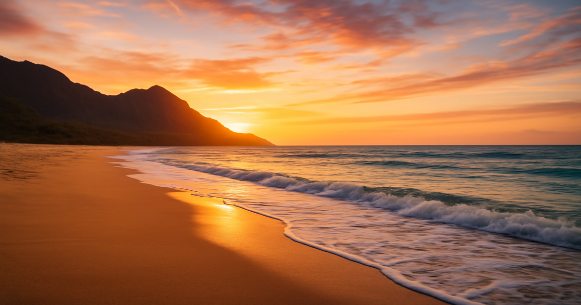 Stunning beach sunset image illustrating сезонные советы для путешествий for a perfect getaway.