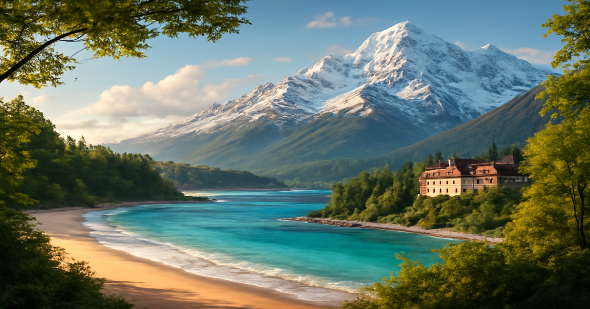 Stunning seasonal travel landscape with beaches and mountains, embodying the essence of сезонные путешествия.