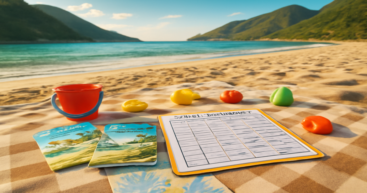 Family vacation planning scene emphasizing 'планирование отпуска с детьми' at a beautiful beach destination.