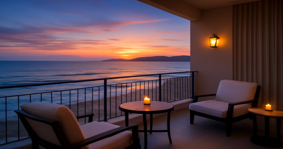 Romantic hotel getaway with a sunset view, perfect for a романтический отдых.