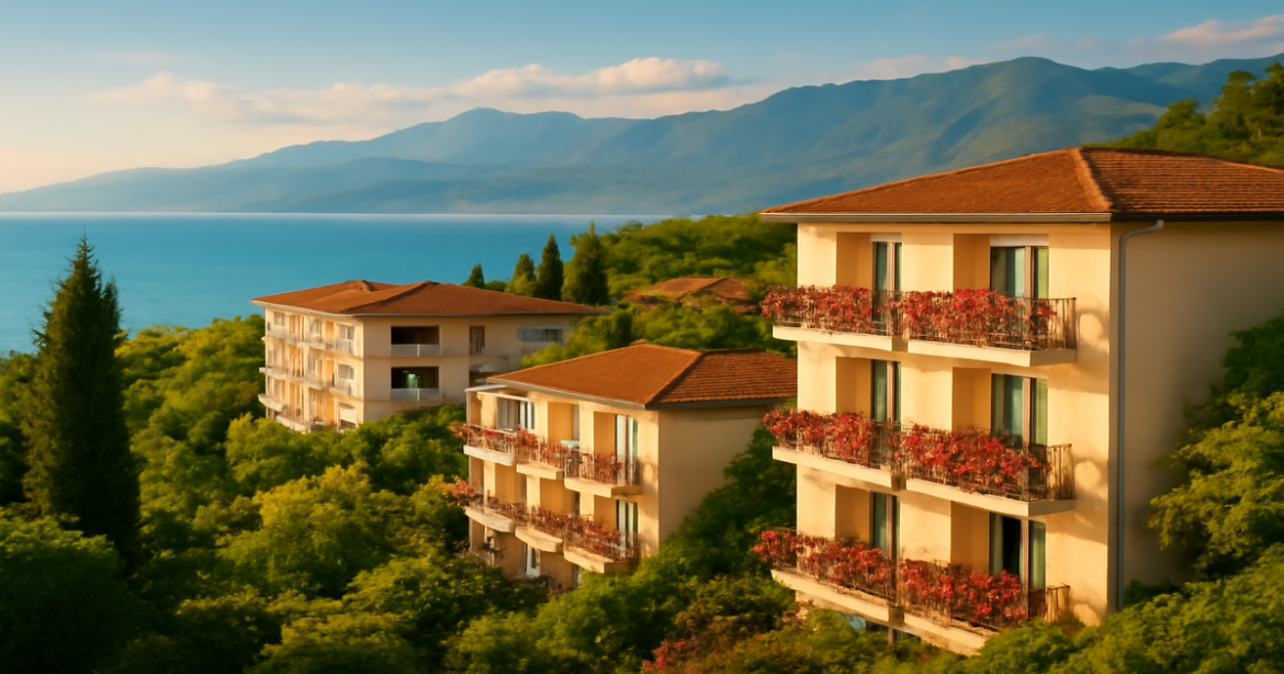 Explore budgetные отели Сочи with this inspiring view of hotels near the beach and mountains.