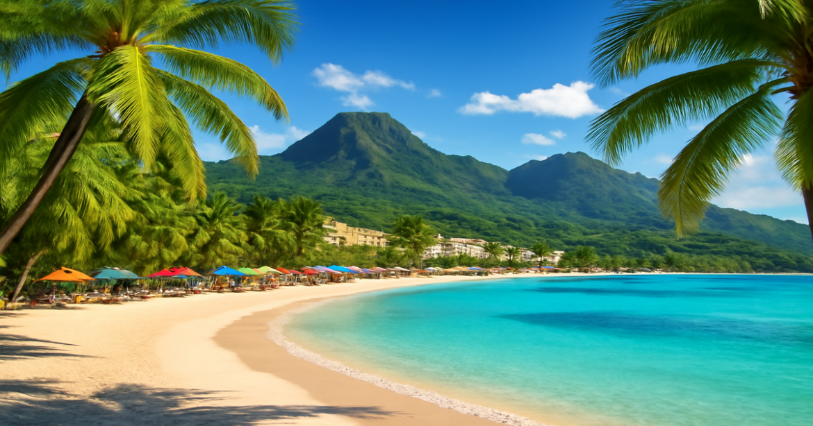 Explore budgetные страны для отдыха in this vibrant travel landscape featuring beaches and mountains.