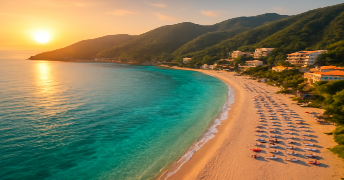 Discover budgetный отдых Черное море with this breathtaking view of a scenic beach and mountains.