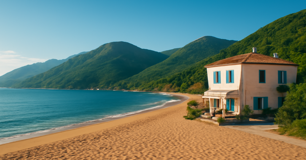 Discover budgetный отдых в Европе with this serene beach and mountain view, perfect for travel enthusiasts.