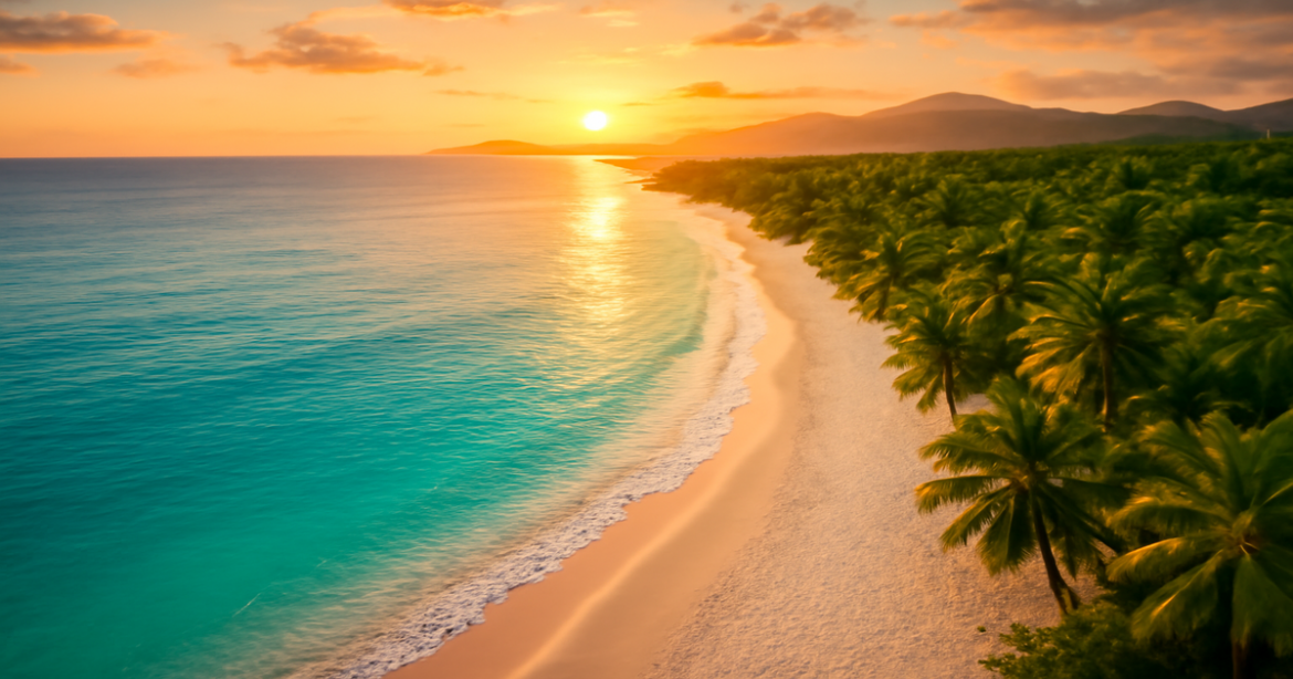 Stunning beach view showcasing the ideal пляжный отдых for 2026, with turquoise waters and golden sunset.