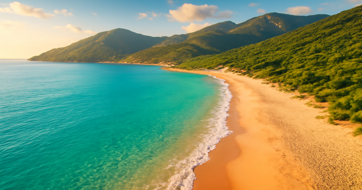 Stunning aerial view of beaches Europe, showcasing turquoise waters and golden sands for perfect relaxation.