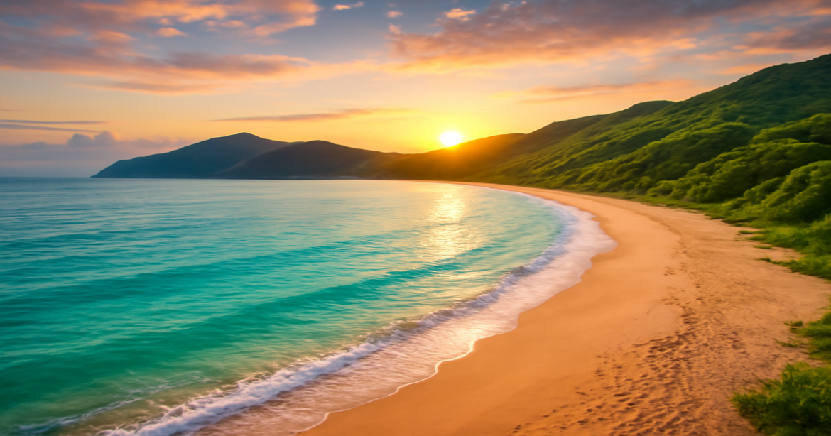 Explore the stunning пляжи России in this captivating beach landscape, perfect for a seaside retreat.