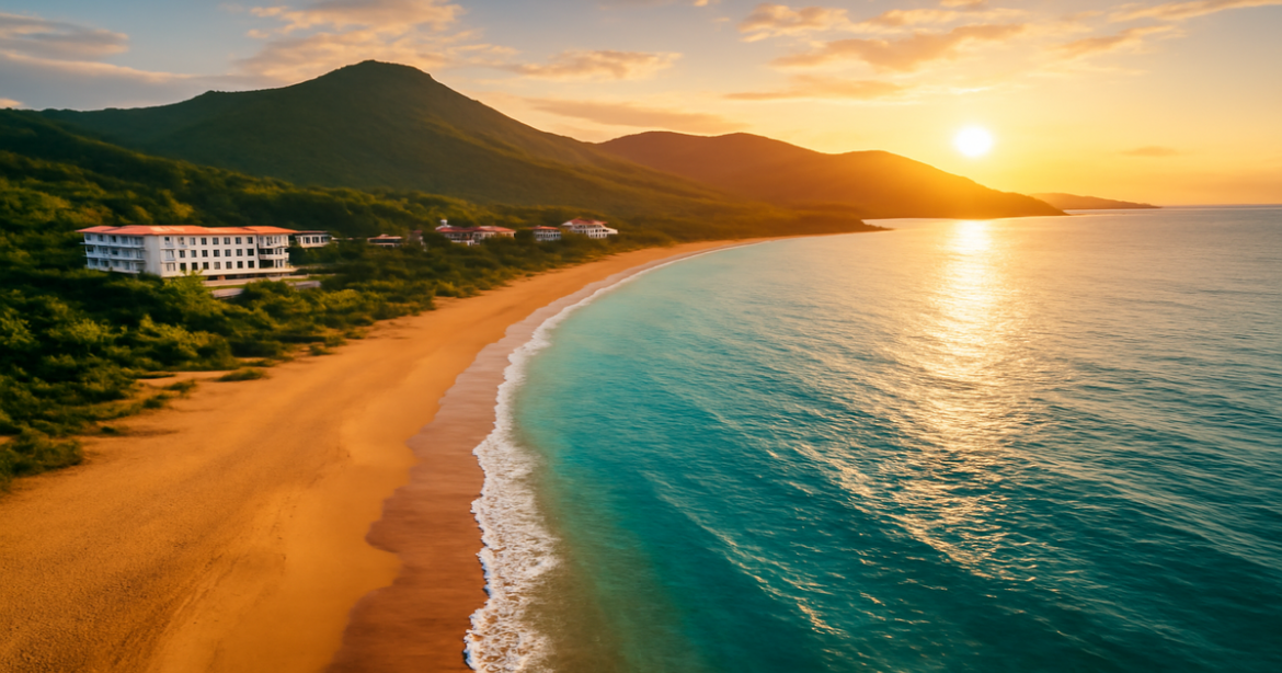Explore the beauty of пляжи России with golden sands and turquoise waters in this breathtaking beach view.
