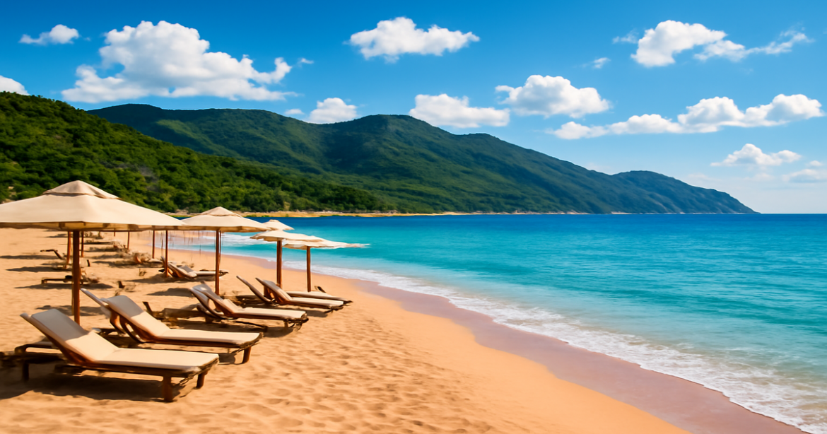 Stunning view of пляжные курорты России showcasing beaches, mountains, and clear waters for summer relaxation.