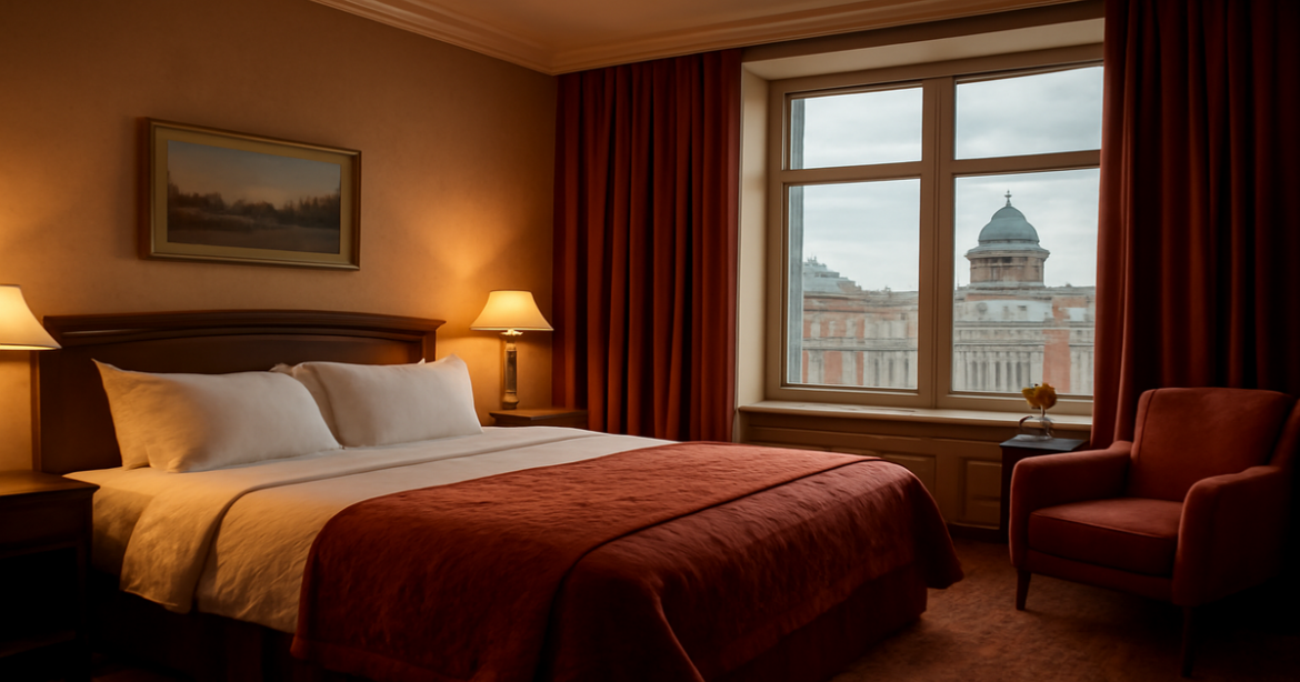 Cozy hotel room in гостиницы в Санкт-Петербурге, showcasing elegant decor and inviting atmosphere.