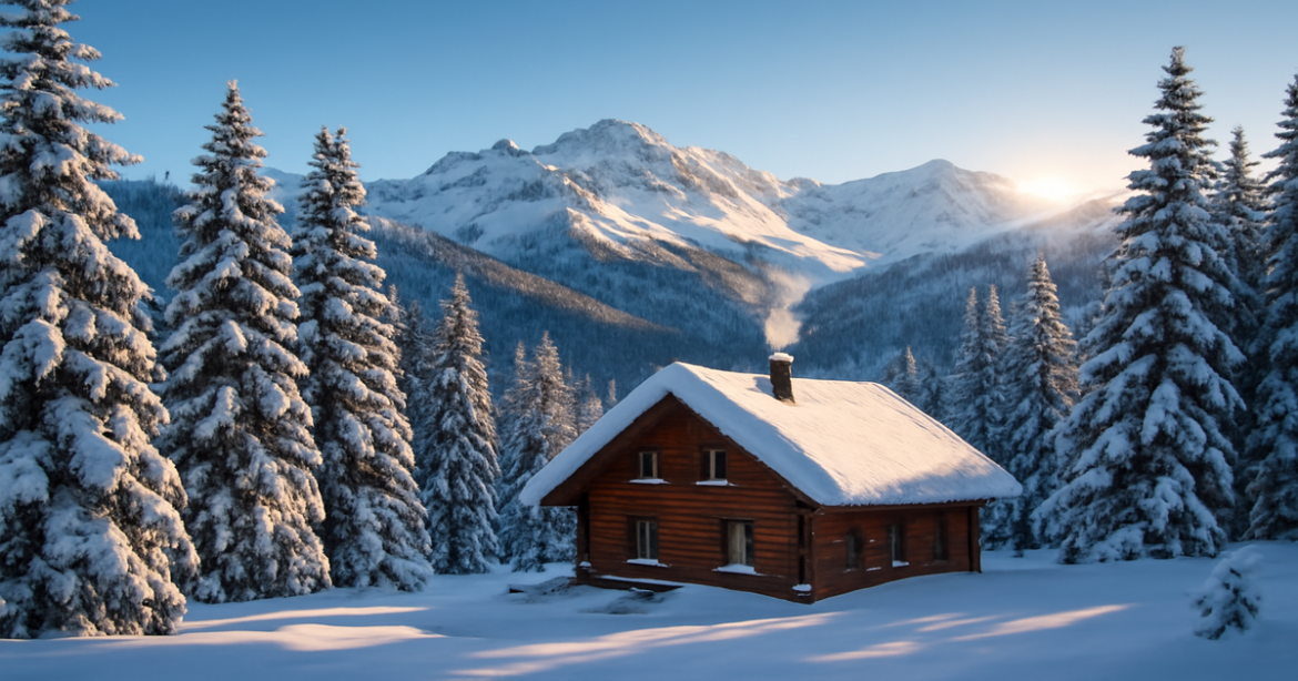 Stunning winter resort in Russia, perfect for зимний отдых в России, featuring snow-covered mountains and a cozy cabin.