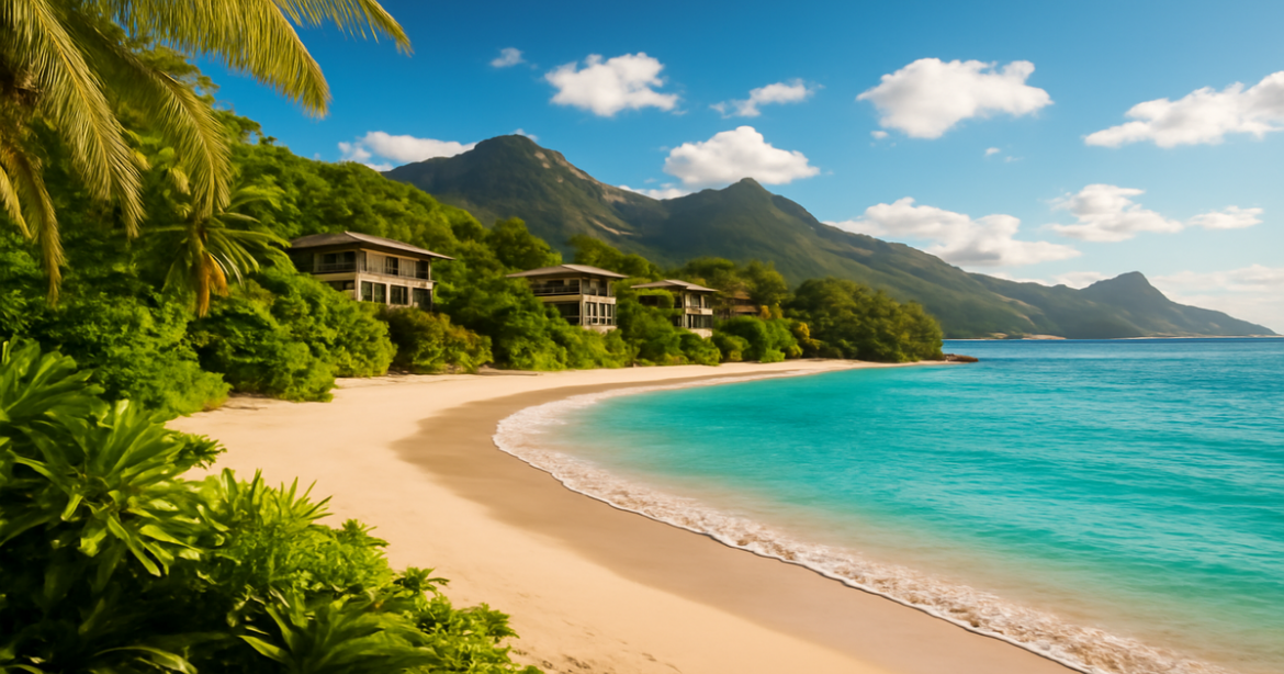 Explore stunning бюджетные направления для отдыха with picturesque beaches and mountains in this inspiring travel scene.