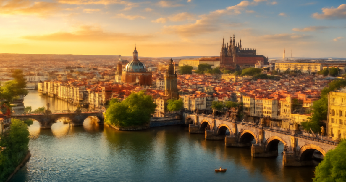 Explore красивые города Европы with iconic landmarks in a vibrant, inspiring travel editorial style.