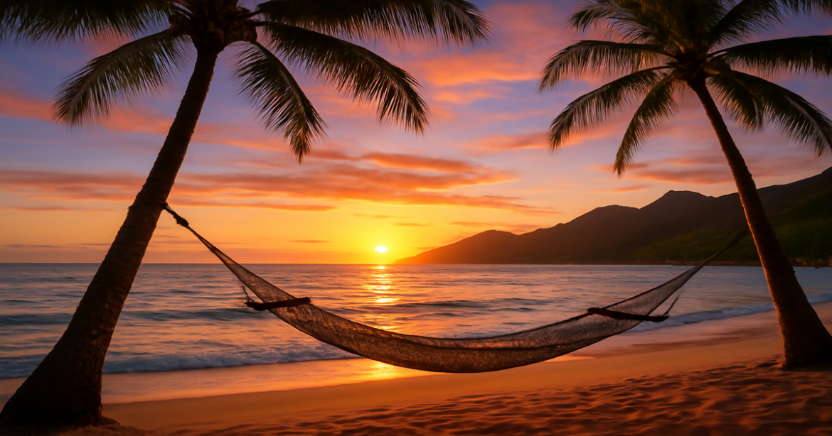 Stunning beach sunset scene ideal for одиночное путешествие, showcasing nature's beauty and adventure.