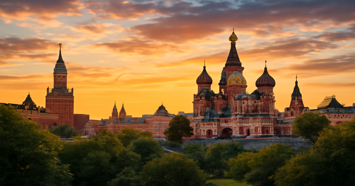 Explore the stunning достопримечательности Москвы with this captivating view of the Kremlin and St. Basil's Cathedral.