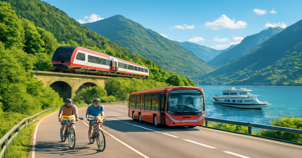 Explore transport in Europe with this scenic view of various travel options in beautiful landscapes.