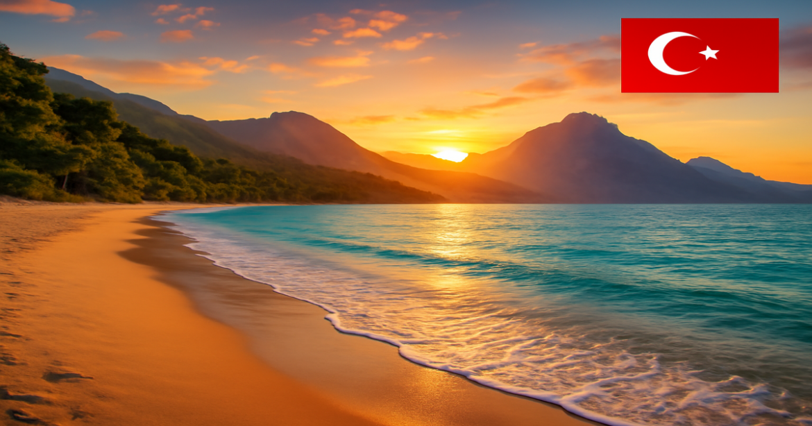 Stunning Turkish beach at sunset, showcasing nature's beauty and the allure of виза в Турцию.